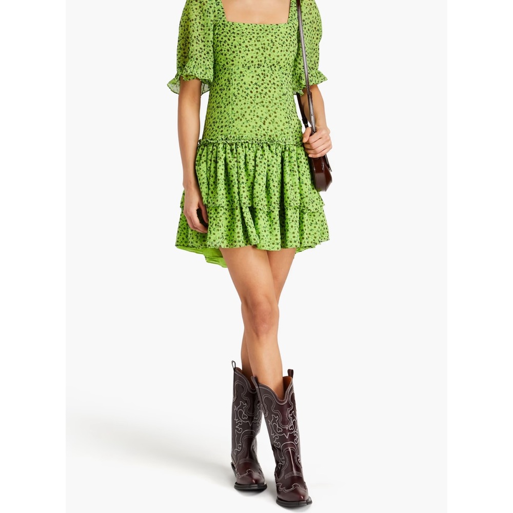 Ganni Green Patterned Mini Dress